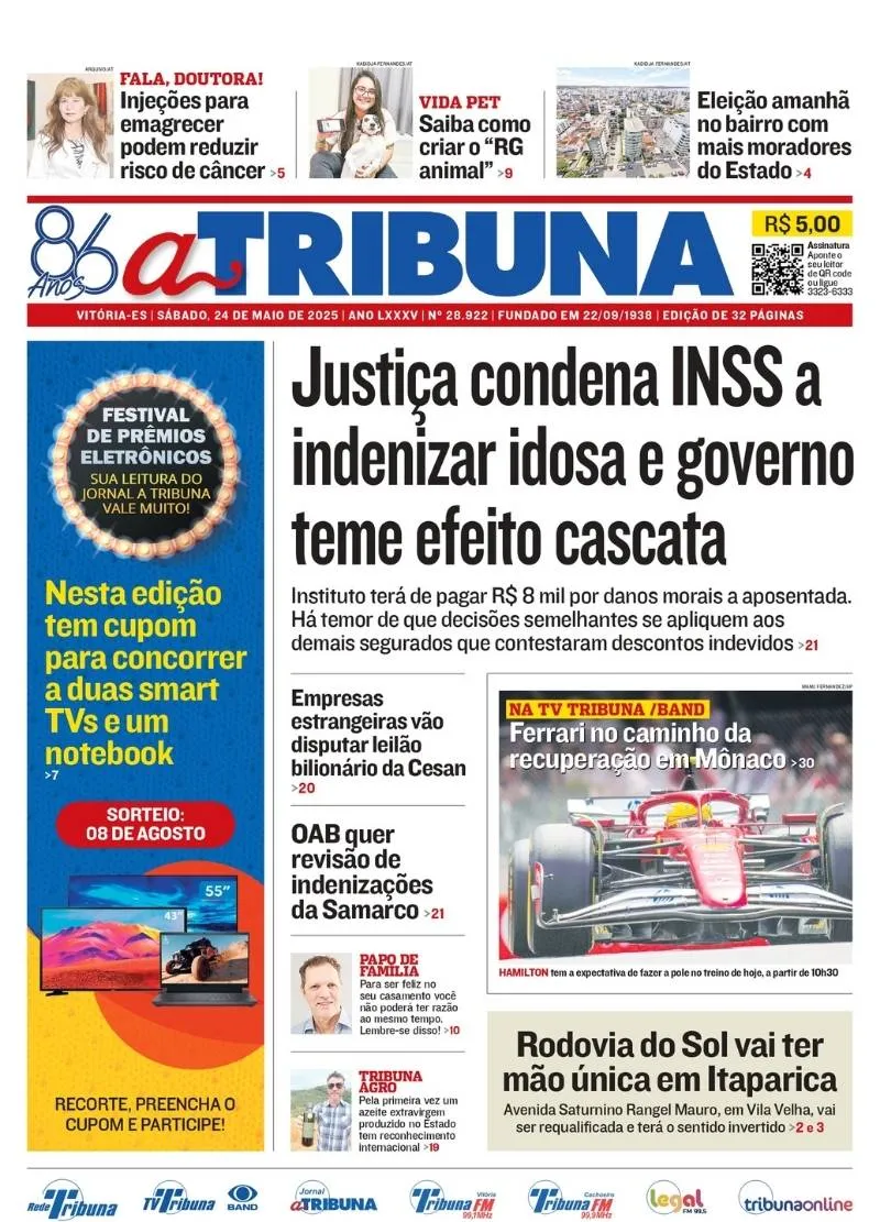 Imagem ilustrativa da imagem Confira os destaques do jornal A Tribuna deste sábado, 24 de maio
