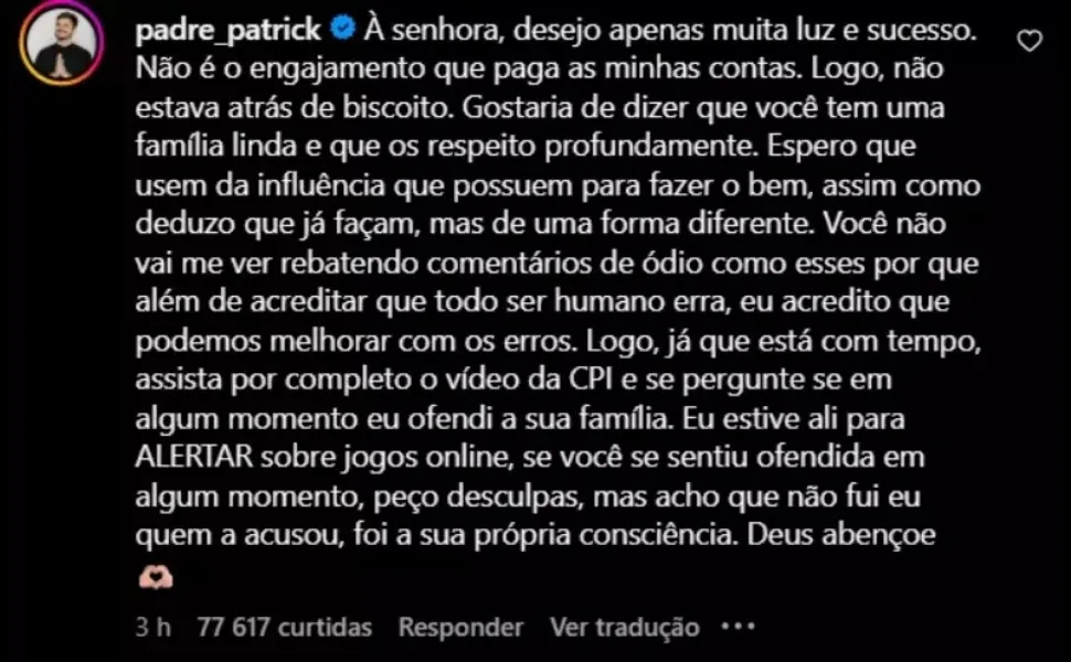 Imagem ilustrativa da imagem Padre capixaba rebate mãe de Virginia após CPI das Bets: 'melhorar com os erros'