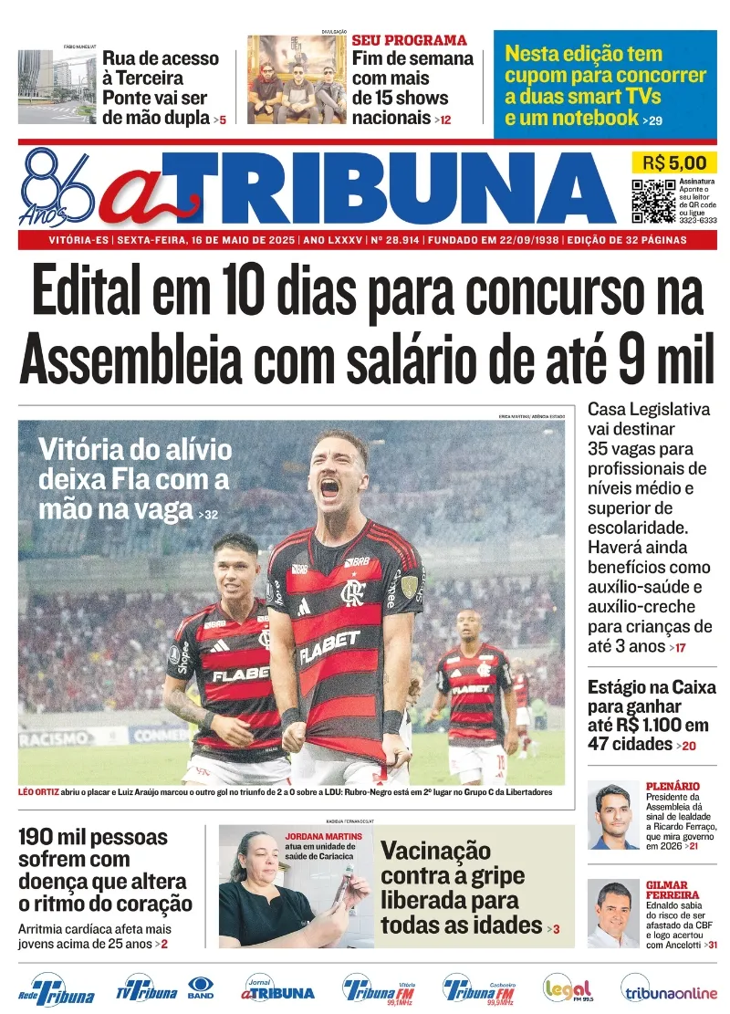 Imagem ilustrativa da imagem Confira os destaques do jornal A Tribuna desta sexta-feira (16)