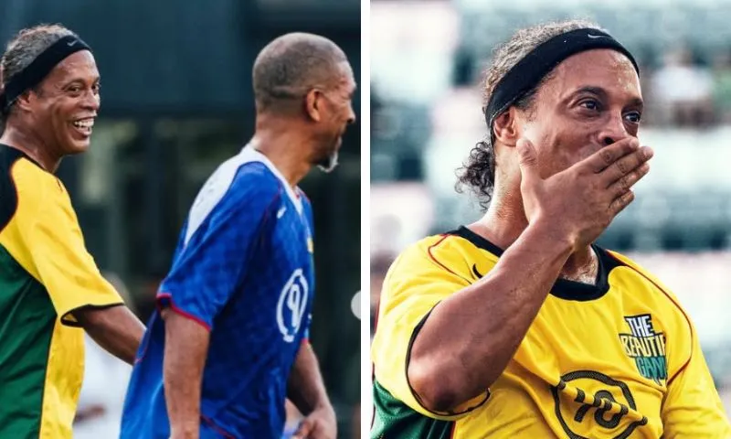 Imagem ilustrativa da imagem Ronaldinho dá drible desconcertante com elástico em segurança de Messi; veja