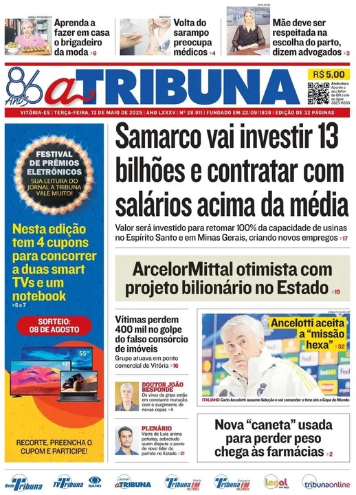 Imagem ilustrativa da imagem Confira os destaques do jornal A Tribuna desta terça-feira (13)