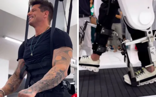 
          Imagem ilustrativa da imagem Fernando Fernandes caminha com ajuda de equipamento, 14 anos após sofrer acidente
          