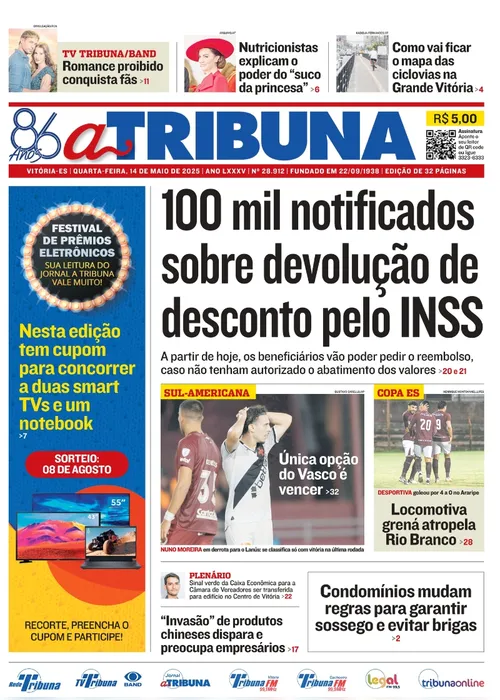 Imagem ilustrativa da imagem Confira os destaques do jornal A Tribuna desta quarta-feira (14)