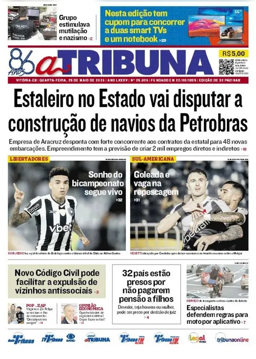 Imagem ilustrativa da imagem Confira os destaques do jornal A Tribuna desta quarta-feira, 28 de maio