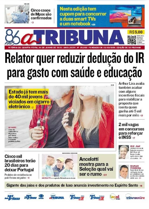 Imagem ilustrativa da imagem Confira os destaques do jornal A Tribuna desta quarta-feira, 04 de junho