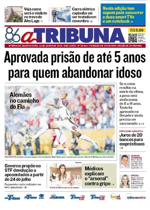 Imagem ilustrativa da imagem Confira os destaques do jornal A Tribuna desta quarta-feira