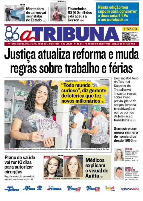 Imagem ilustrativa da imagem Confira os destaques do jornal A Tribuna desta quarta-feira