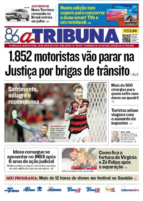 Imagem ilustrativa da imagem Confira os destaques do jornal A Tribuna desta quinta-feira, 29 de maio