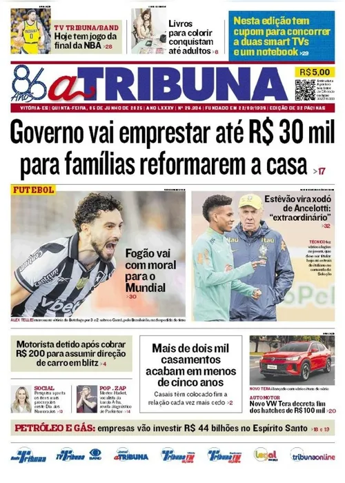Imagem ilustrativa da imagem Confira os destaques do jornal A Tribuna desta quinta-feira, 05 de junho