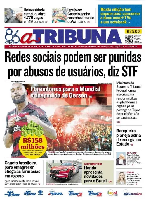 Imagem ilustrativa da imagem Confira os destaques do jornal A Tribuna desta quinta-feira, 12 de junho