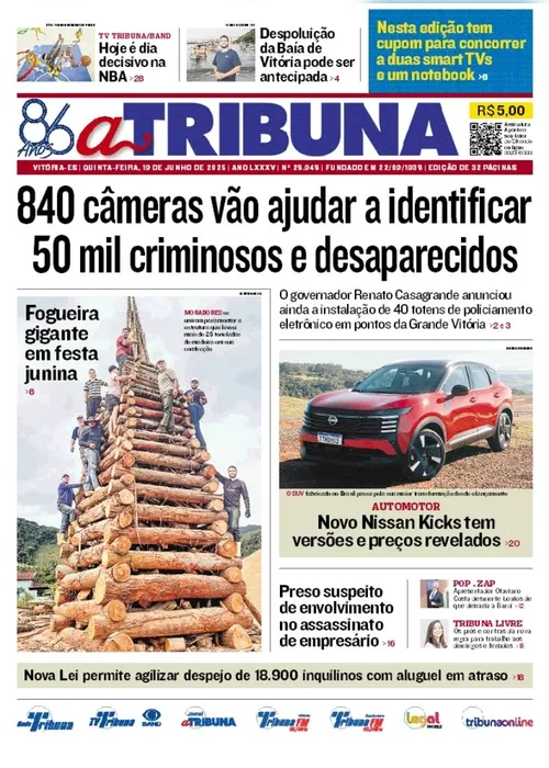 Imagem ilustrativa da imagem Confira os destaques do jornal A Tribuna desta quinta-feira