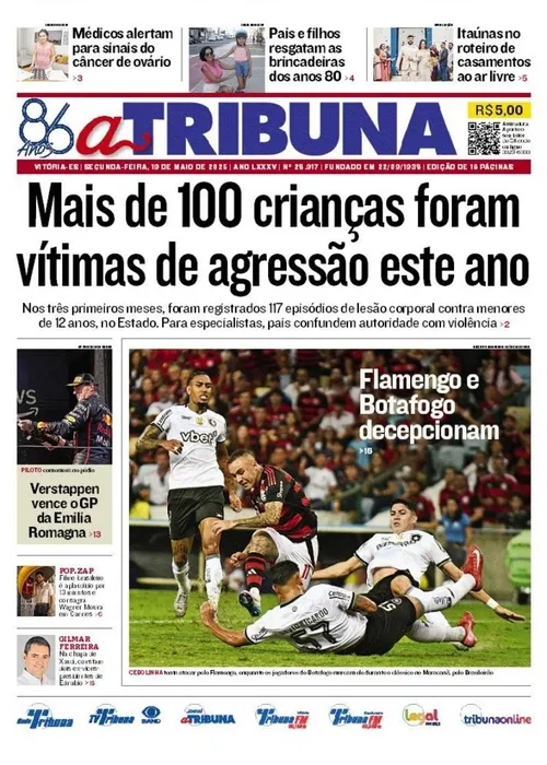 Imagem ilustrativa da imagem Confira os destaques do jornal A Tribuna desta segunda-feira, 19 de maio