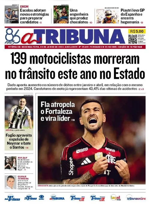 Imagem ilustrativa da imagem Confira os destaques do jornal A Tribuna desta segunda-feira, 02 de junho