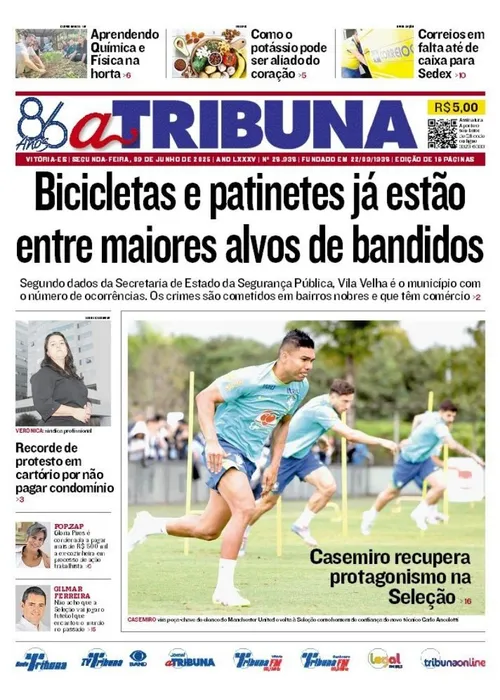 Imagem ilustrativa da imagem Confira os destaques do jornal A Tribuna desta segunda-feira, 09 de junho