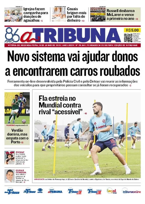 Imagem ilustrativa da imagem Confira os destaques do jornal A Tribuna desta segunda-feira