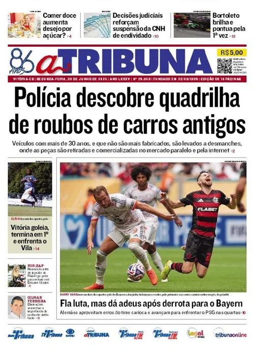 Imagem ilustrativa da imagem Confira os destaques do jornal A Tribuna desta segunda-feira
