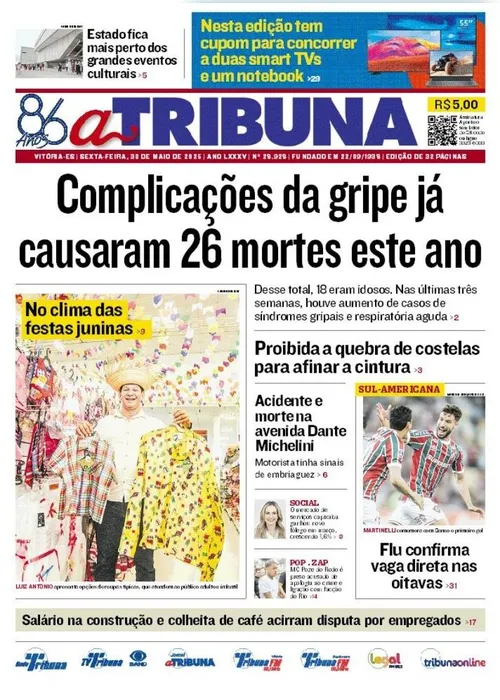 Imagem ilustrativa da imagem Confira os destaques do jornal A Tribuna desta sexta-feira, 30 de maio