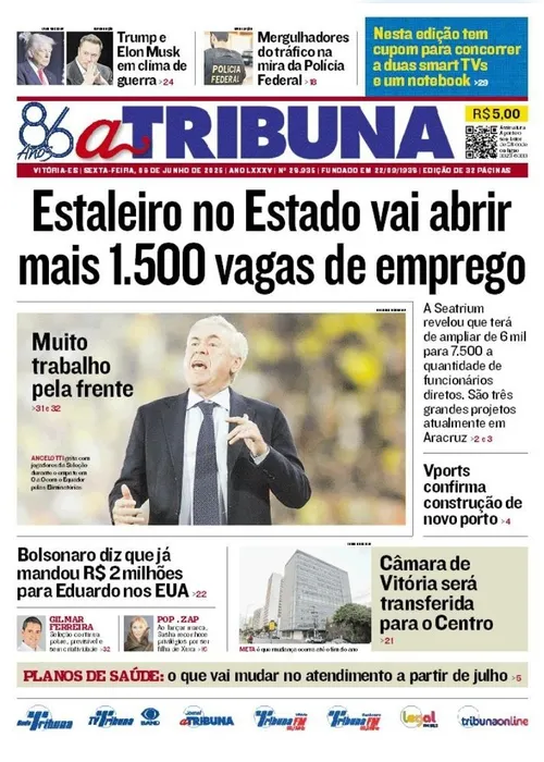 Imagem ilustrativa da imagem Confira os destaques do jornal A Tribuna desta sexta-feira, 06 de junho