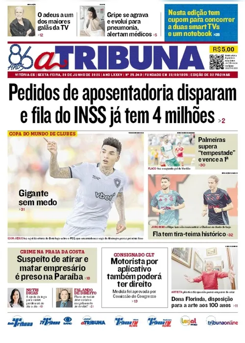 Imagem ilustrativa da imagem Confira os destaques do jornal A Tribuna desta sexta-feira