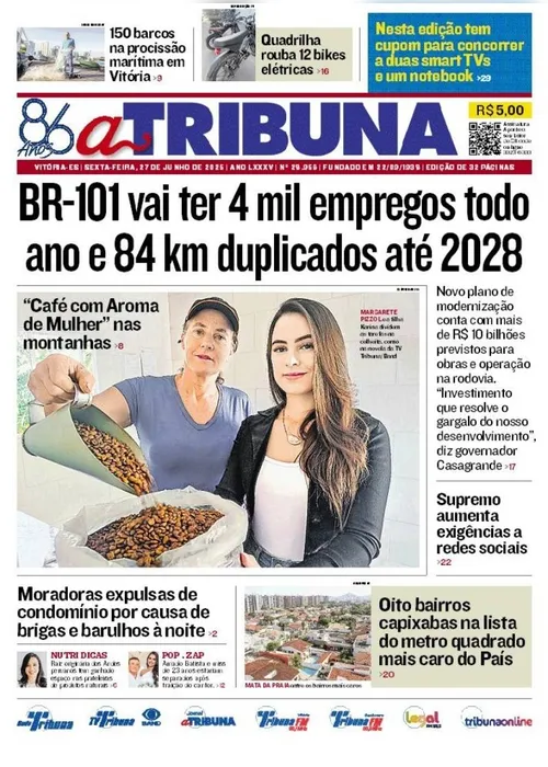 Imagem ilustrativa da imagem Confira os destaques do jornal A Tribuna desta sexta-feira