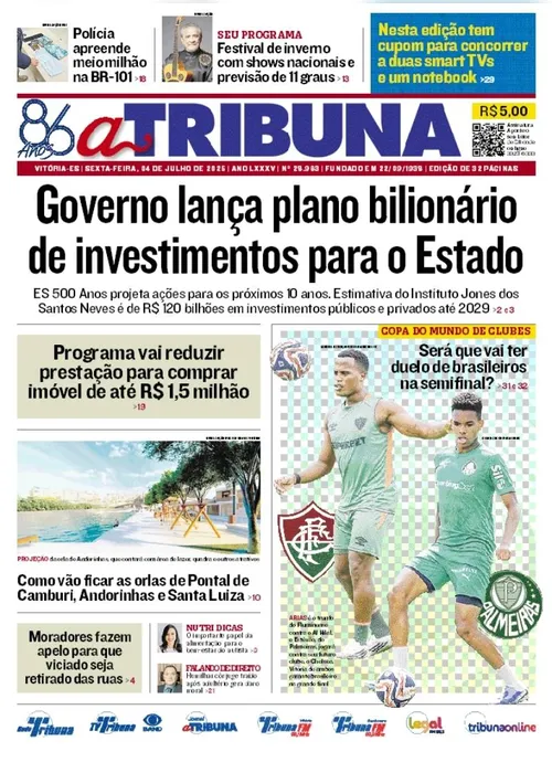 Imagem ilustrativa da imagem Confira os destaques do jornal A Tribuna desta sexta-feira