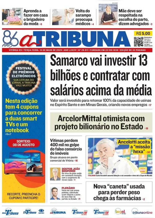 Imagem ilustrativa da imagem Confira os destaques do jornal A Tribuna desta terça-feira (13)