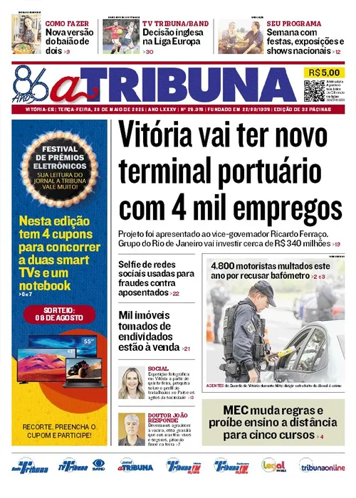 Imagem ilustrativa da imagem Confira os destaques do jornal A Tribuna desta terça-feira, 20 de maio