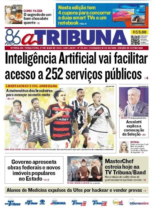 Imagem ilustrativa da imagem Confira os destaques do jornal A Tribuna desta terça-feira, 27 de maio
