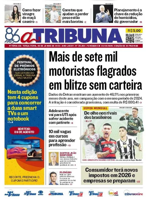 Imagem ilustrativa da imagem Confira os destaques do jornal A Tribuna desta terça-feira, 03 de junho