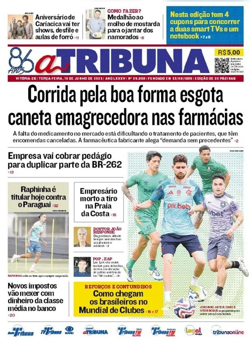 Imagem ilustrativa da imagem Confira os destaques do jornal A Tribuna desta terça-feira, 10 de junho