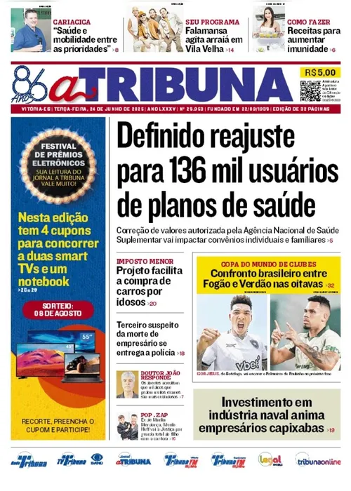 Imagem ilustrativa da imagem Confira os destaques do jornal A Tribuna desta terça-feira