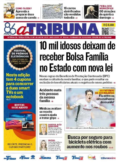 Imagem ilustrativa da imagem Confira os destaques do jornal A Tribuna desta terça-feira