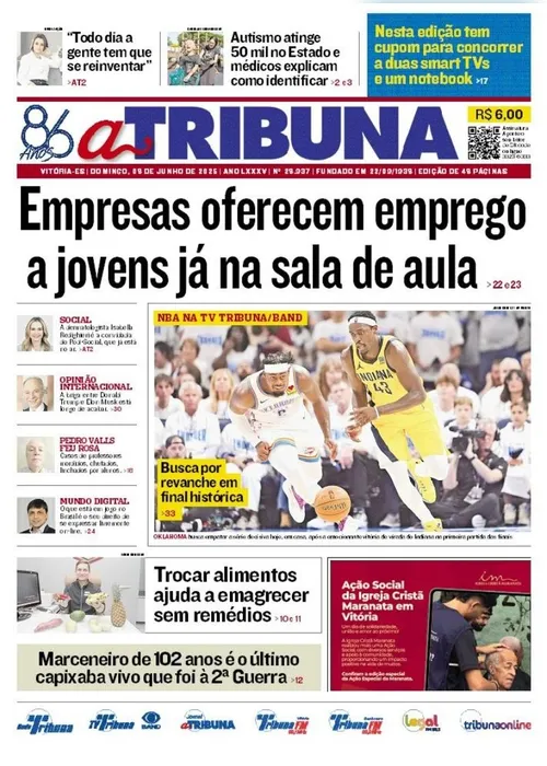 Imagem ilustrativa da imagem Confira os destaques do jornal A Tribuna deste domingo, 08 de junho