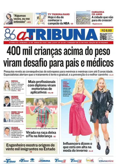 Imagem ilustrativa da imagem Confira os destaques do jornal A Tribuna deste domingo