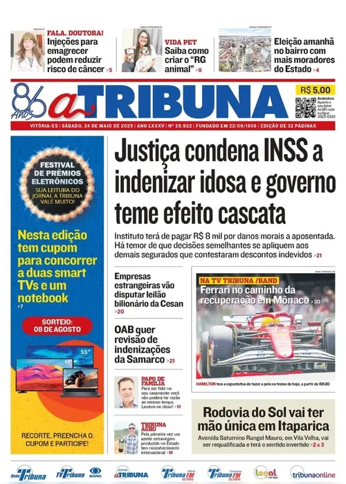 Imagem ilustrativa da imagem Confira os destaques do jornal A Tribuna deste sábado, 24 de maio