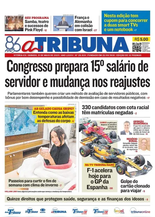 Imagem ilustrativa da imagem Confira os destaques do jornal A Tribuna deste sábado, 31 de maio