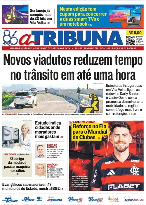 Imagem ilustrativa da imagem Confira os destaques do jornal A Tribuna deste sábado, 07 de junho