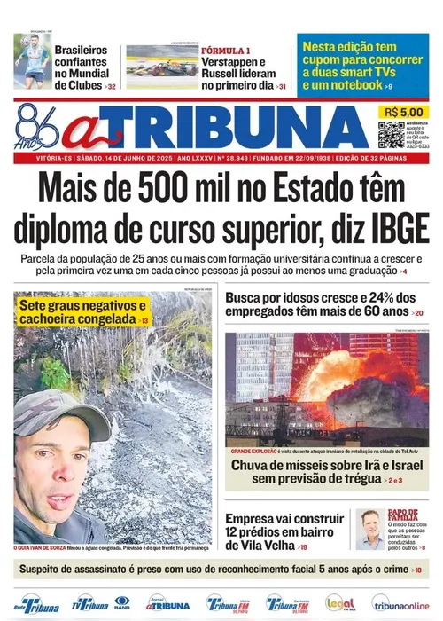 Imagem ilustrativa da imagem Confira os destaques do jornal A Tribuna deste sábado, 14 de junho