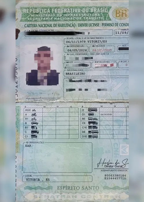 Imagem ilustrativa da imagem Motorista é detido no ES após apresentar carteira de motorista feita com cartolina