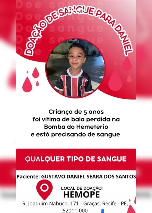 Imagem ilustrativa da imagem Outra criança atingida por bala perdida no Recife. Ela precisa de doação de sangue