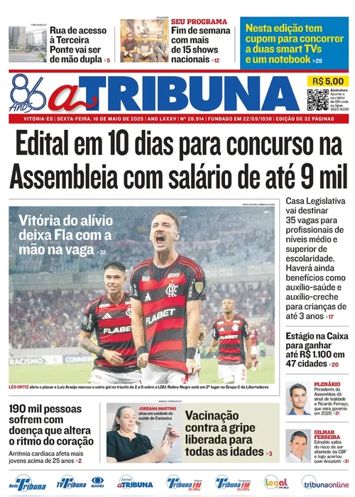 Imagem ilustrativa da imagem Confira os destaques do jornal A Tribuna desta sexta-feira (16)