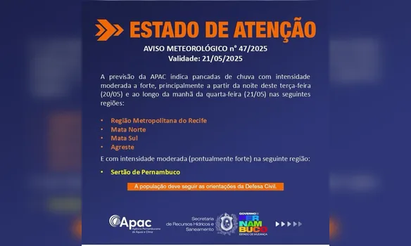 Imagem ilustrativa da imagem Apac renova alerta para chuvas moderadas e fortes. Veja detalhes
