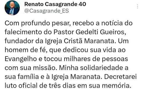 
          Imagem ilustrativa da imagem Autoridades e lideranças do ES lamentam a morte de fundador da Igreja Maranata
          