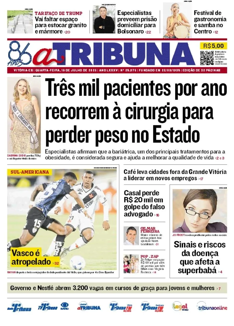 Imagem ilustrativa da imagem Confira os destaques do jornal A Tribuna desta quarta-feira