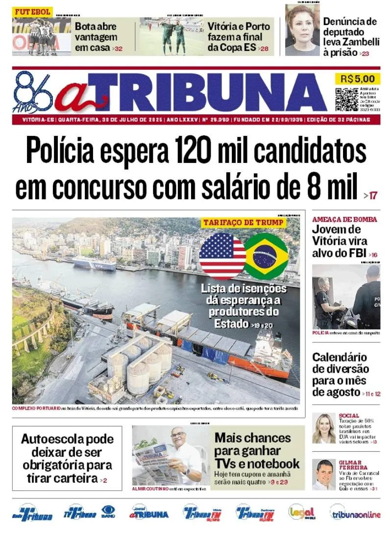 Imagem ilustrativa da imagem Confira os destaques do jornal A Tribuna desta quarta-feira