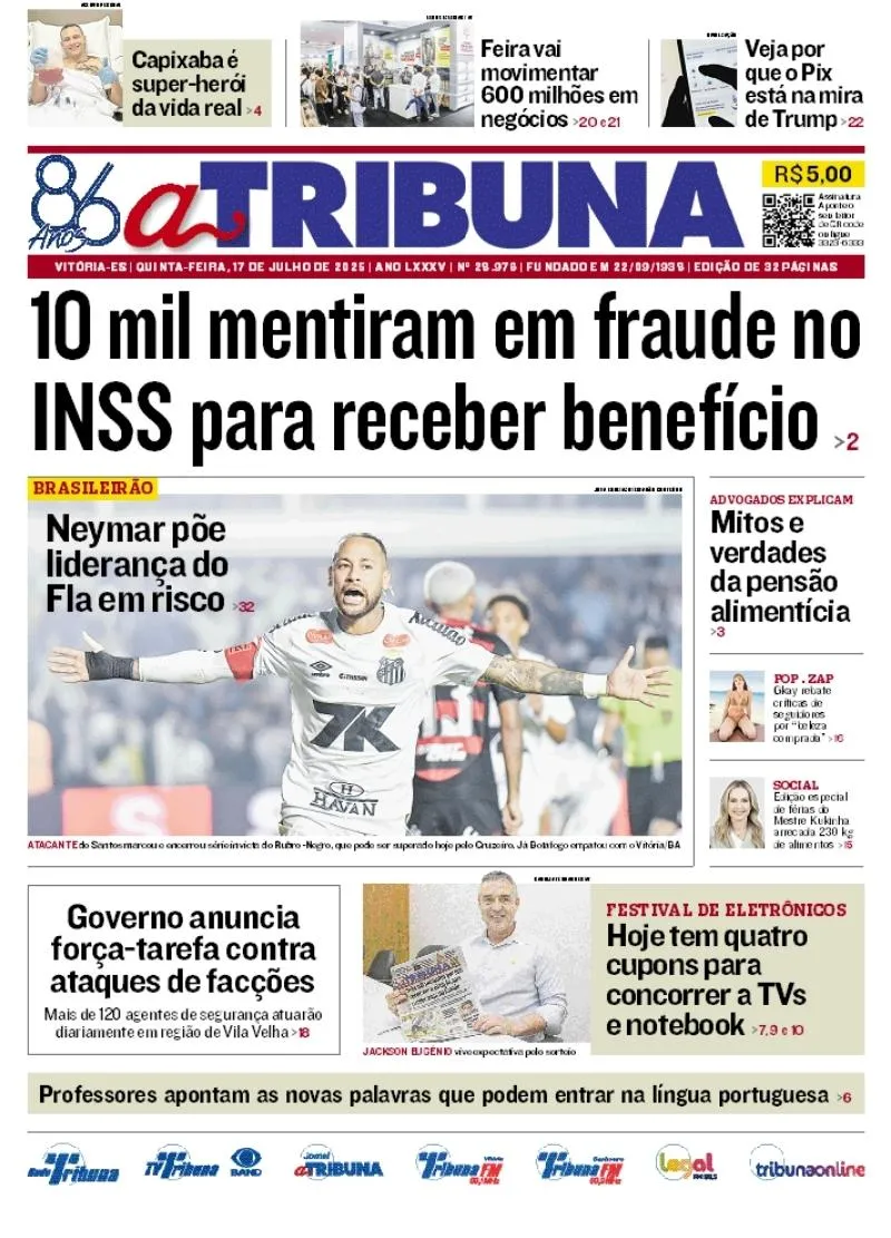 Imagem ilustrativa da imagem Confira os destaques do jornal A Tribuna desta quinta-feira