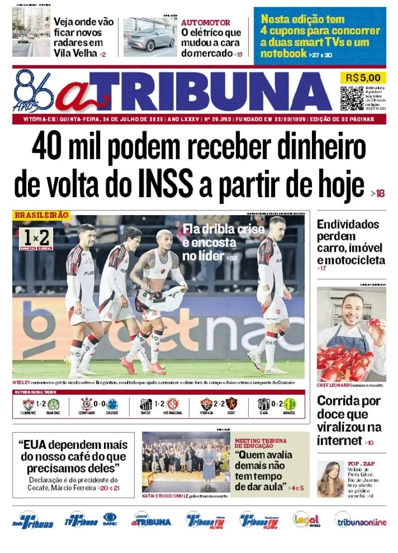Imagem ilustrativa da imagem Confira os destaques do jornal A Tribuna desta quinta-feira