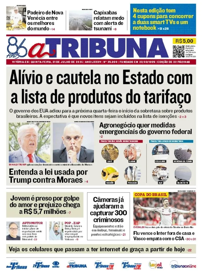 Imagem ilustrativa da imagem Confira os destaques do jornal A Tribuna desta quinta-feira
