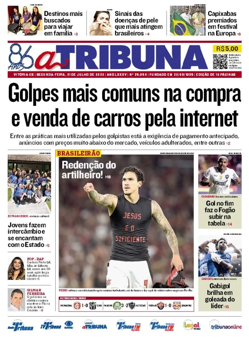 Imagem ilustrativa da imagem Confira os destaques do jornal A Tribuna desta segunda-feira
