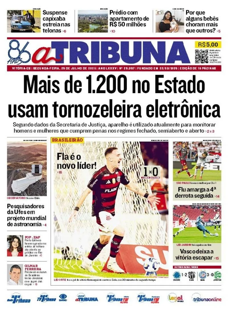 Imagem ilustrativa da imagem Confira os destaques do jornal A Tribuna desta segunda-feira